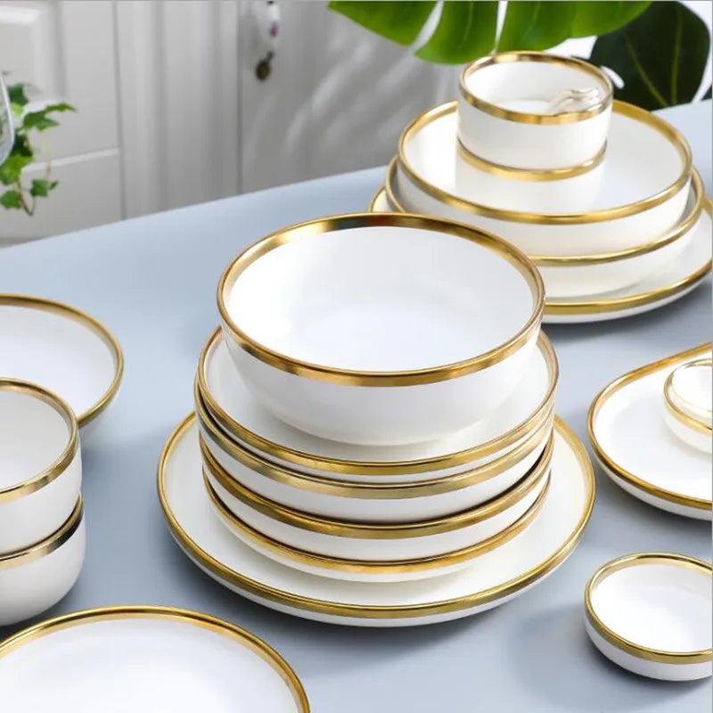 High-quality Matte Gilt Rim White Porcelain Dinner Tray Kitchen Plates