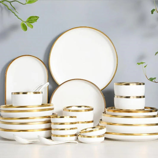 High-quality Matte Gilt Rim White Porcelain Dinner Tray Kitchen Plates